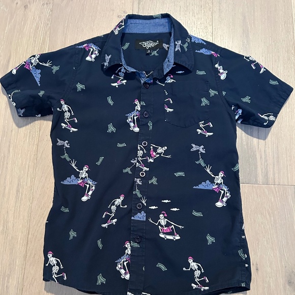 Eighty Eight Blue Short Sleeve Button Down Skateboard Skeleton Theme Size 8 - Picture 1 of 5